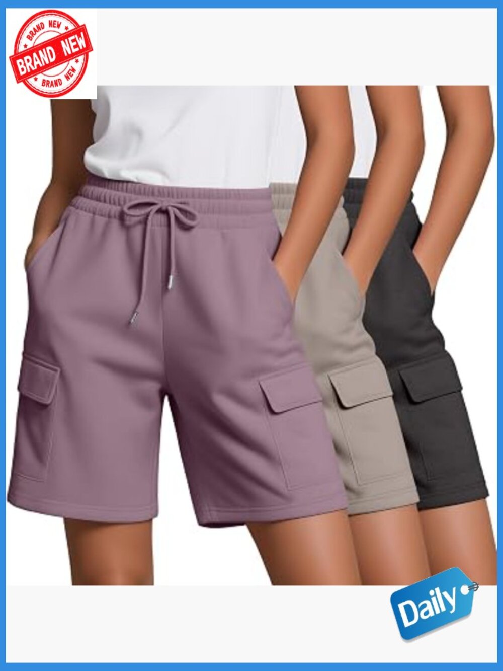 3 Pack Women's Bermuda Cargo Shorts Knee Length Drawstring 4 Pockets